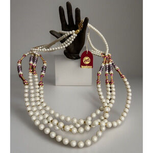 4 Strand White Purple Pink Beaded Costume Necklace - Faux Pearls - Pinch Clasp